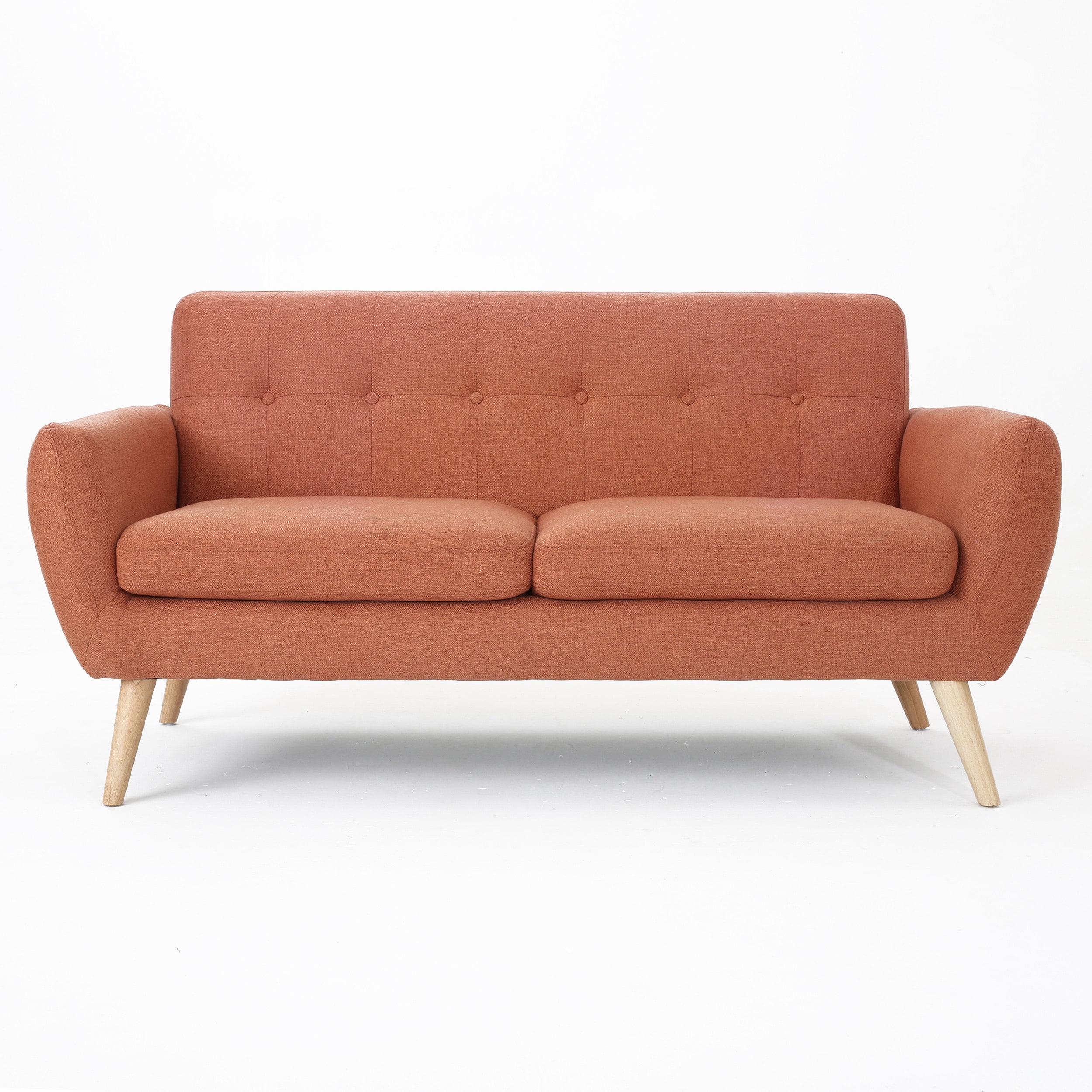 Noble House Abitha Fabric Tufted Sofa, Burnt Orange, Natural Oak