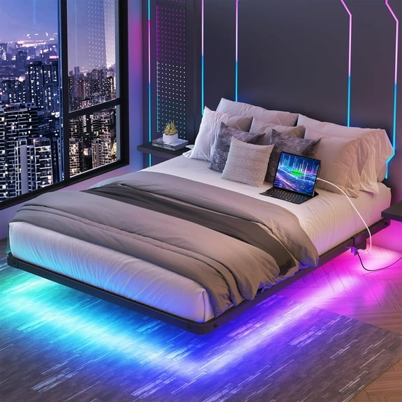 Floating Bed Frame with Charging Station, Modern Metal Platform Bed Frame with LED Light, Easy Assembly, Black