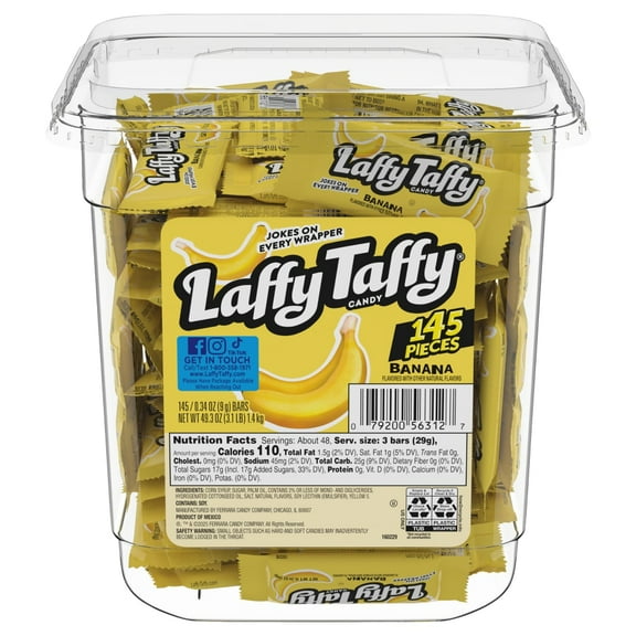 Laffy Taffy Banana – 145 Individually Wrapped Pieces in 49.3 oz Tub – Soft & Chewy Banana-Flavored Candy with Jokes on Every Wrappe