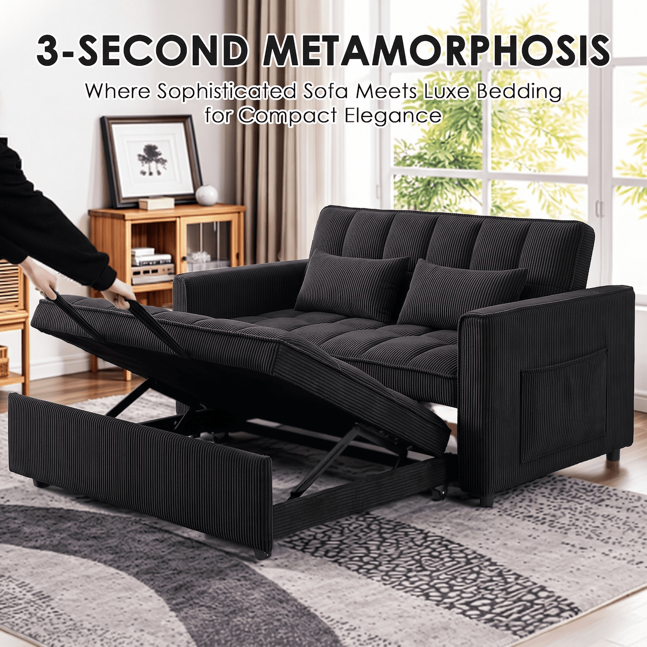 Xiweot 54" Sleeper Sofa Bed, Convertible Pull Out Couch for Living Room Apartment, Velvet Futon Loveseat Sofa Bed with Adjustable Backrest, Side Pockets, 2 Pillows, Easy Assembly (Black)