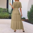 thumbnail image 4 of JSheng Summer Dress for Women Women's Fashion Solid Color Short Sleeve V-Neck Pleated Elastic Waist Maxi Dresses Khaki M, 4 of 5