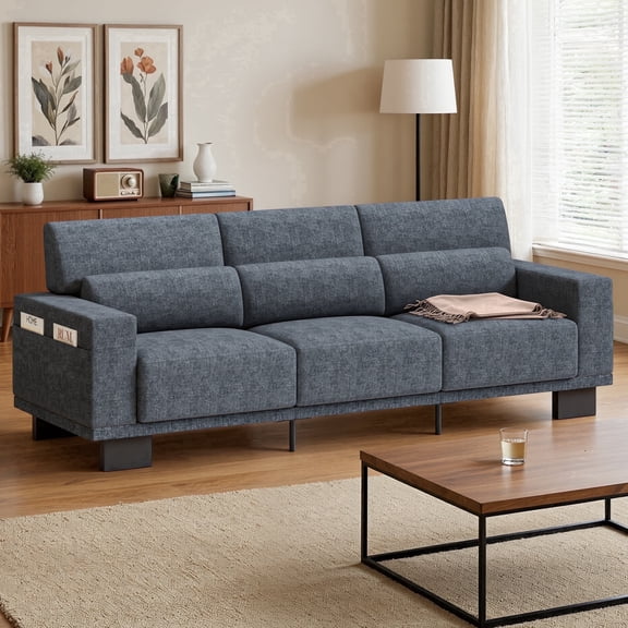 Asofer 89" Sofa Couch with 3 Seat Upholstered Soft Pillow & Large Storage Pocket for Living Room, Small Space,Dark Gray