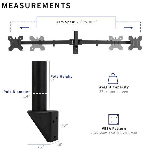 VIVO Premium Dual 21 to 32 inch LCD LED Monitor Wall Mount, Heavy Duty Telescoping Arms, Flush Wall Setup, Fits 2 Screens, Black, MOUNT-TS32B
