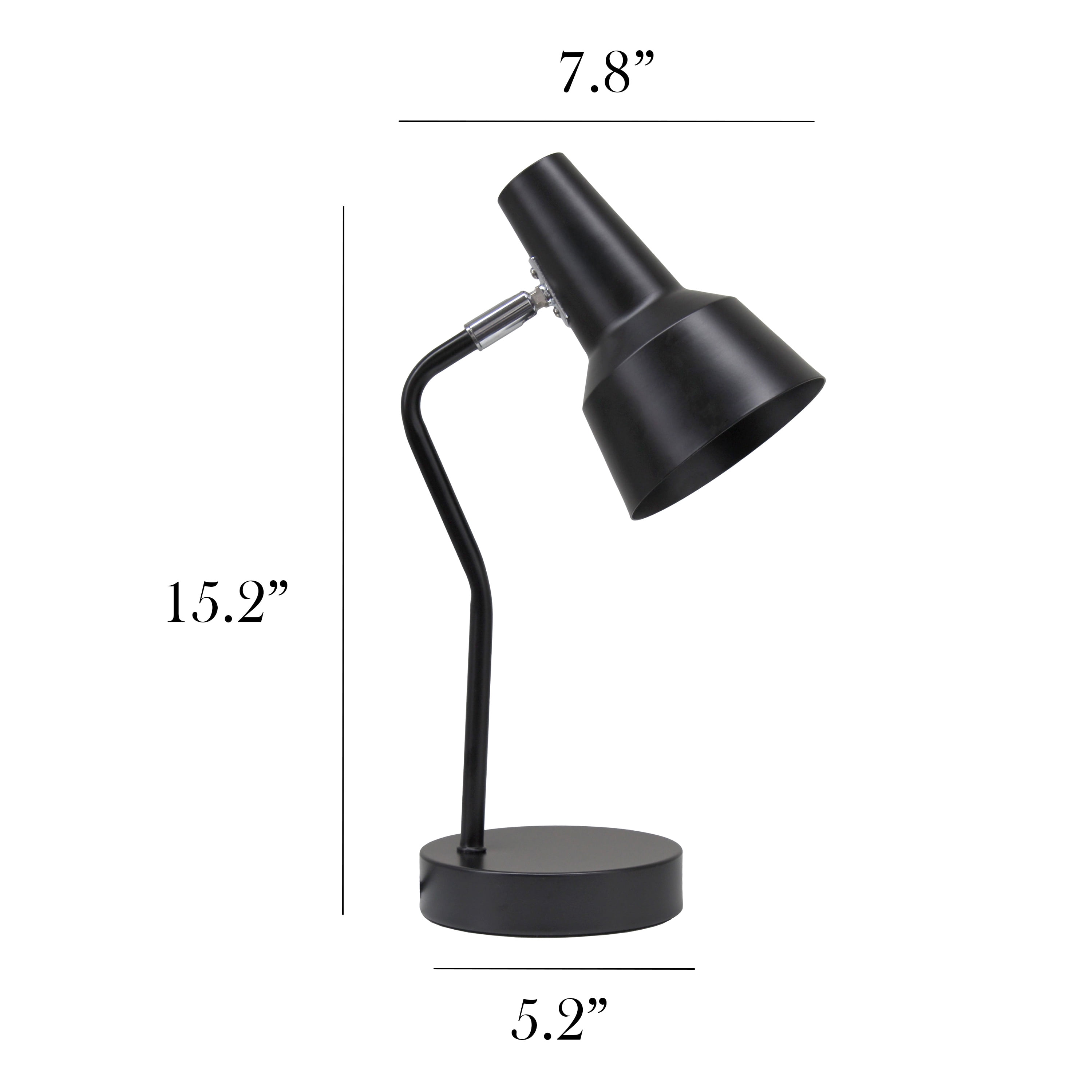 Simple Designs 15.2" Sleek Essentials Metal Cone Shade Desk Lamp With Adjustable Shade, For Office, Desk, Nightstand, Dorm, Black
