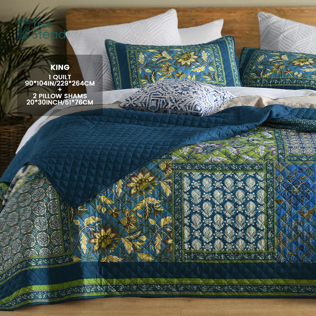 CHARRYARN King Comforter Set-Blue Lightweight Patchwork-Spring and Summer  Bedspread-Super Soft Quilt （1 Quilt, 2 Pillow Shams, Blue）