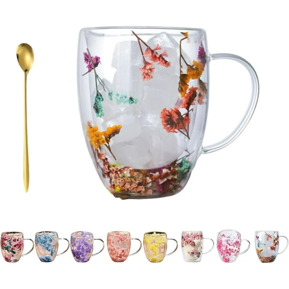Double Glass Flower Tea Cup, Handcrafted, Elegant & Gift-Worthy, Flower Double Wall Glass Coffee Mugs, Clear Insulated Coffee Mugs with Handle for or Hot Cold Beverages, Cappuccino, Latte(#H,300ml)