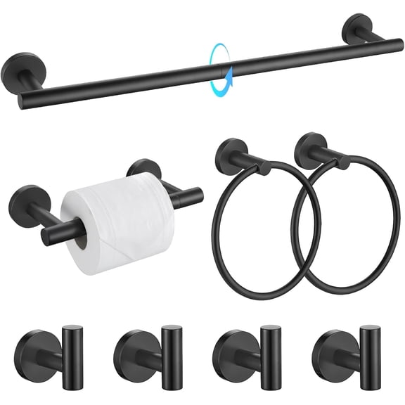 8-Pieces Bathroom Hardware Set Matte Black SUS304 Stainless Steel Bath Towel Bar Set 23.6 Inch Round Bathroom Accessories Kit Wall Mounted