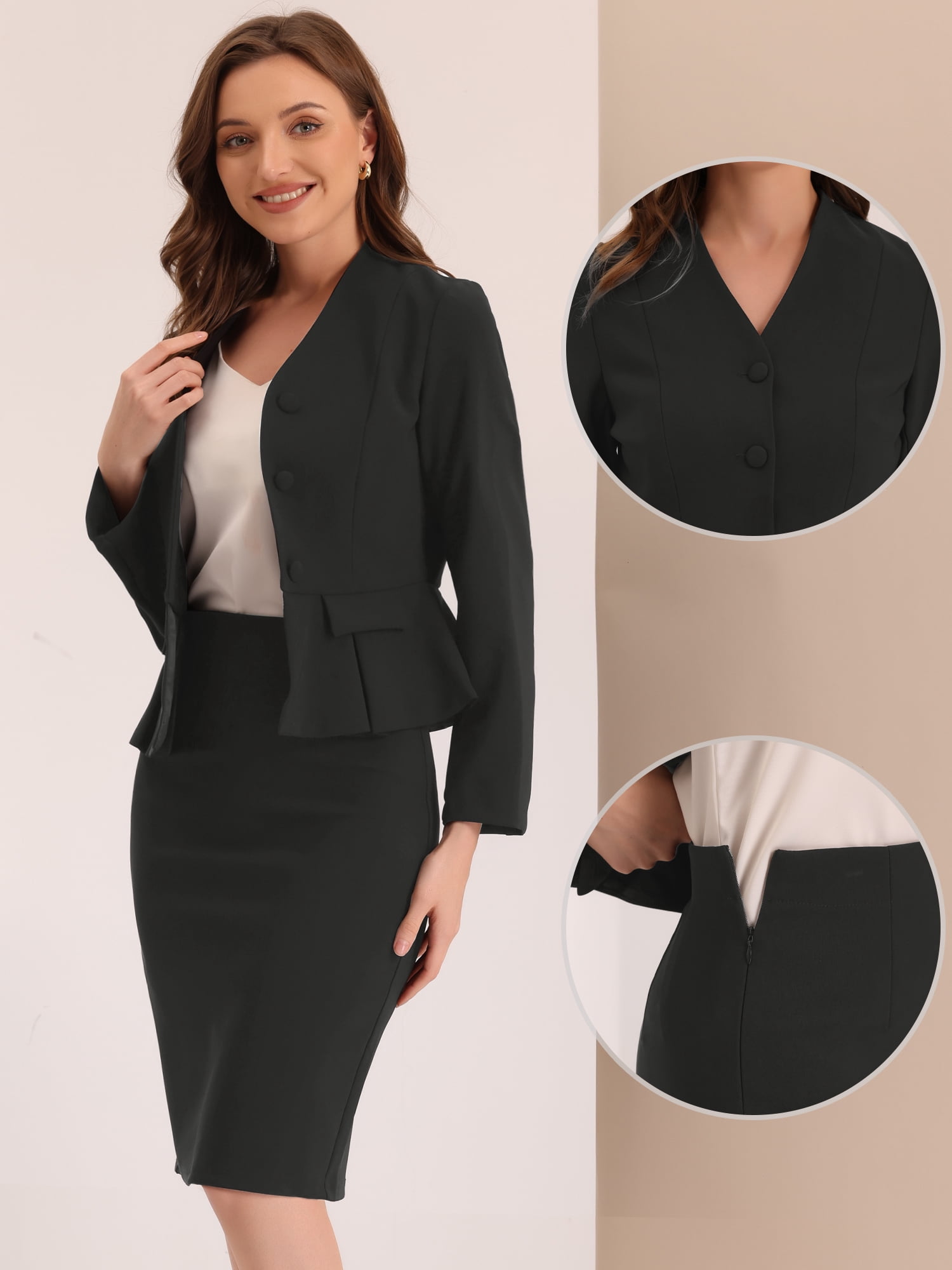DARING DIVA Women's Collarless Peplum Blazer Sheath Skirts 2 Pcs Suit Set S Black