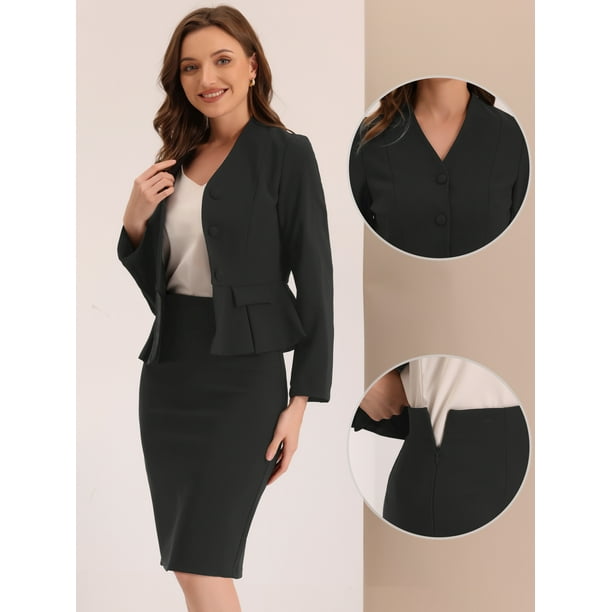 Conjunto de traje de negocios de 2 piezas para mujer de manga larga sin cuello Peplum Blazer faldas lapiz Negro XS Allegra K Trajes con falda Bodega Aurrera en linea