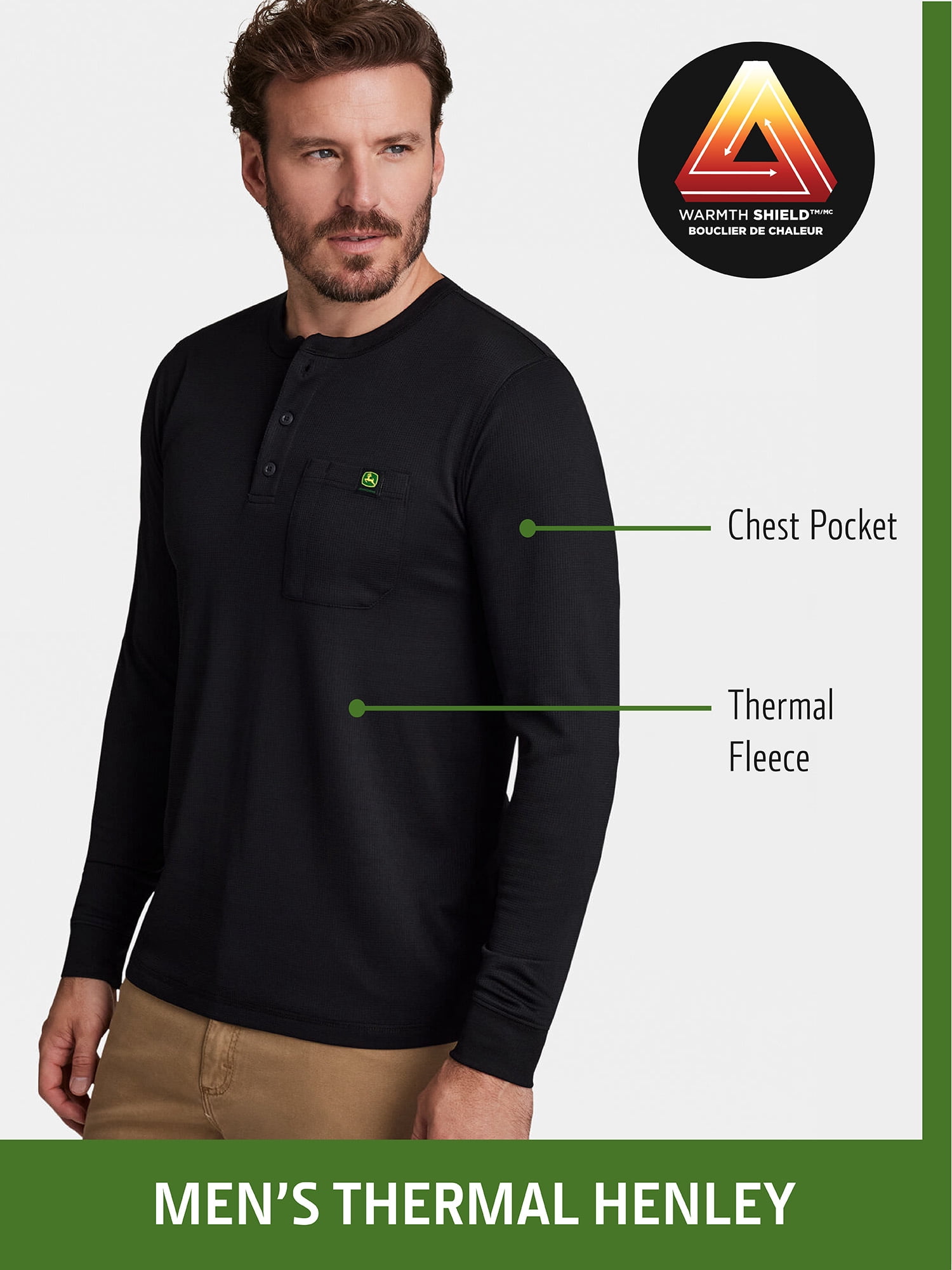 John Deere Men’s Warmth Shield™️ Long Sleeve Thermal Pocket Henley, Sizes S - 3XL
