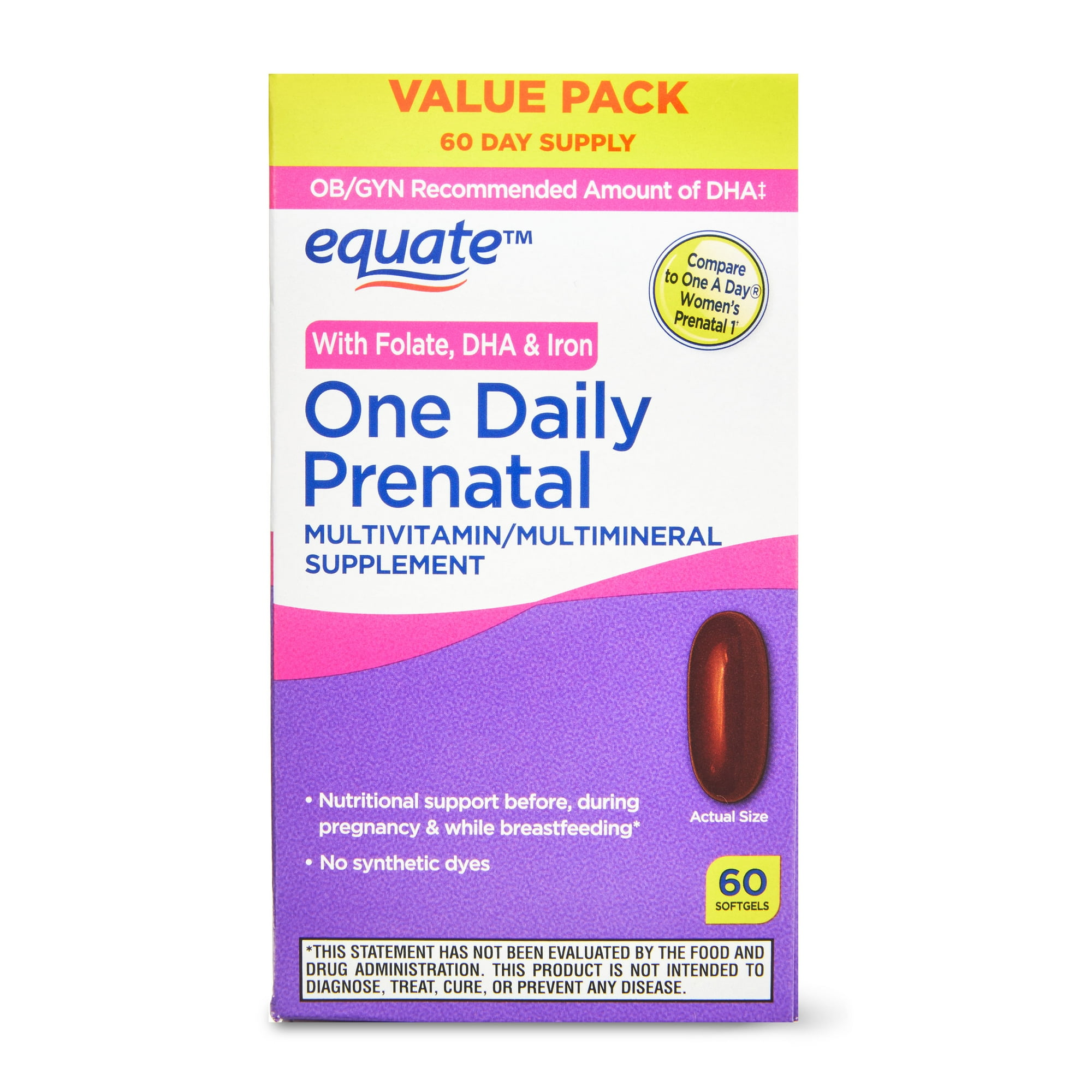 Equate One Daily Prenatal Softgels Multivitamin/Multimineral Supplement, Value Pack, 60 Count, Compare to One A Day® Women’s Prenatal 1
