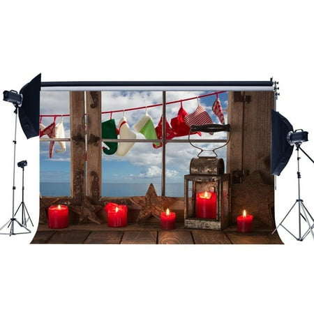 Image of 7x5ft Christmas Backdrop String Stocking Hats Lantern Candle Star Blue Sky White Cloud Vintage Window Photography Backdrops Happy New Year Background Kids Adults Photo Studio Props