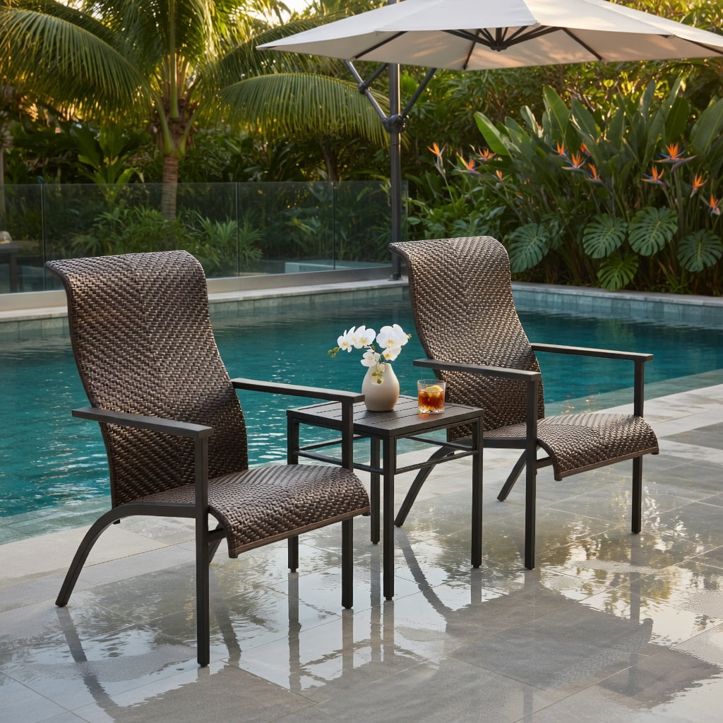 Hommoo 3-Piece Outdoor Patio Bistro Set, Weather-Resistant PE Rattan Table & 2 High-Back Chairs with Armrests, Compact for Balcony, Backyard & Poolside, Brown