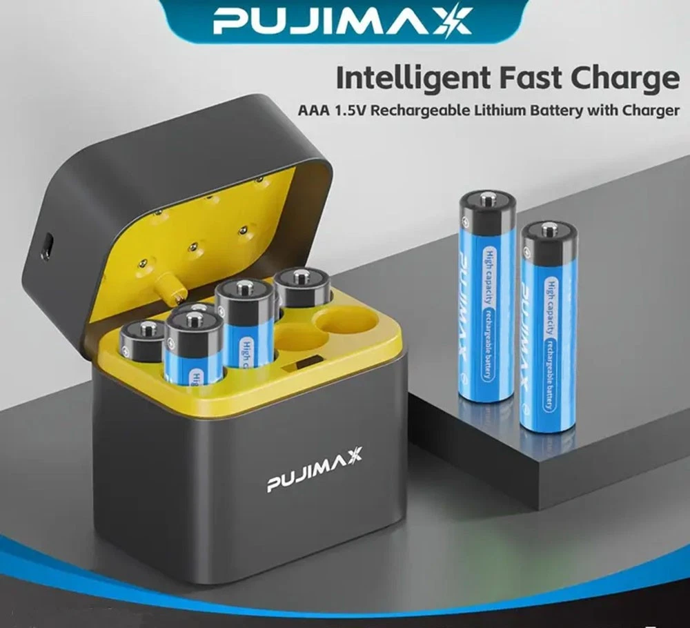PUJIMAX 1.5V AAA 1512mWh Rechargeable Lithium Batteries 8-Pack Smart Charger 1600 Cycles