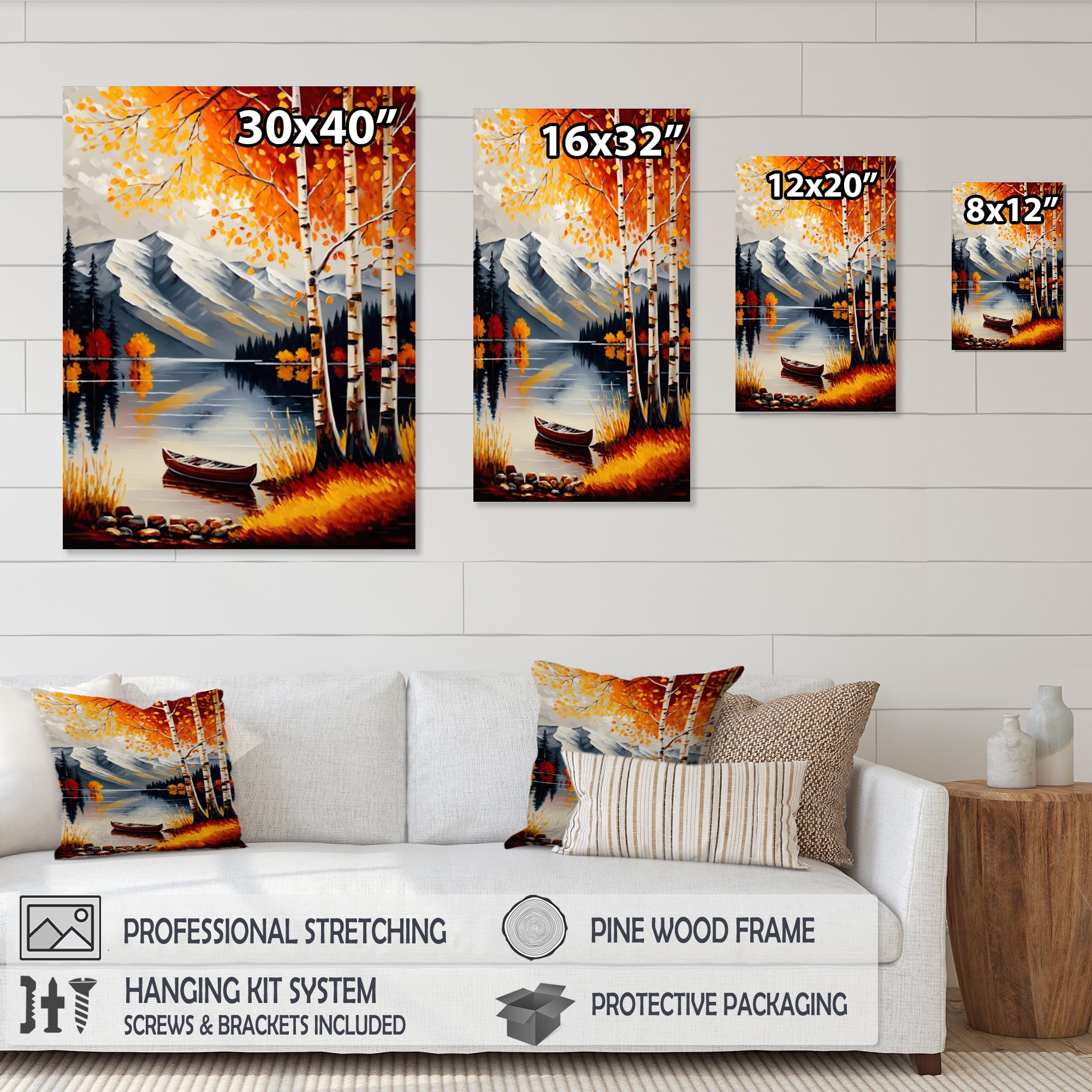Designart Red And Orange Birch Trees By The Lake VIII Canvas Wall Art