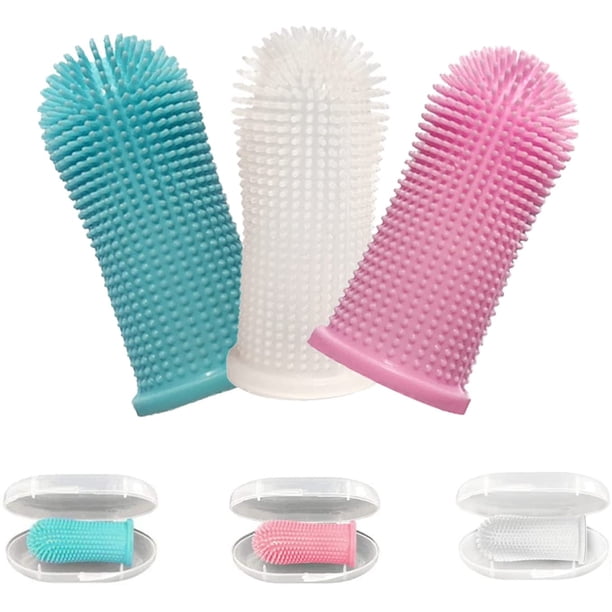 2 cepillos de dientes de silicona para perros, diseño ergonómico, aptos para dedos, blanco, rosa y azul.