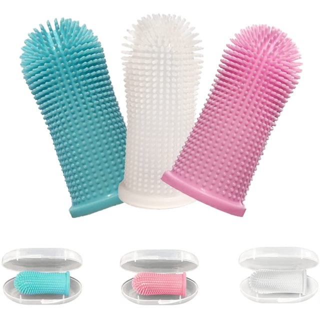 2 cepillos de dientes de silicona para perros, diseño ergonómico, aptos para dedos, blanco, rosa y azul.