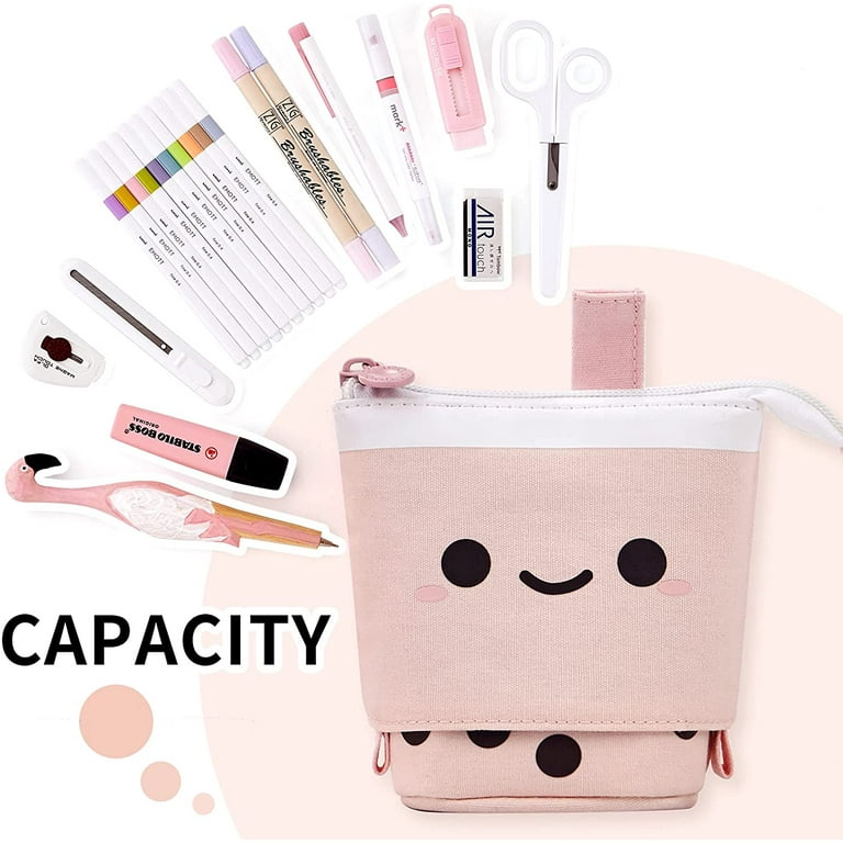 QUALIALL Kawaii Cute Boba Pencil Case, Pen Makeup Pouch Box Bag Organizer Holder Stuff Korean Japanese Stationary Set Things, Great Gift, Easy Clean and Use