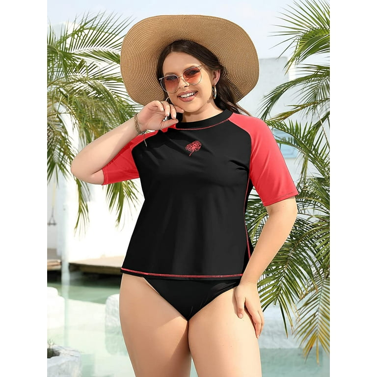 Alove Women's Plus Size Short Sleeve Swim Shirt Top Color Blocked UPF 50+  Rashguard 