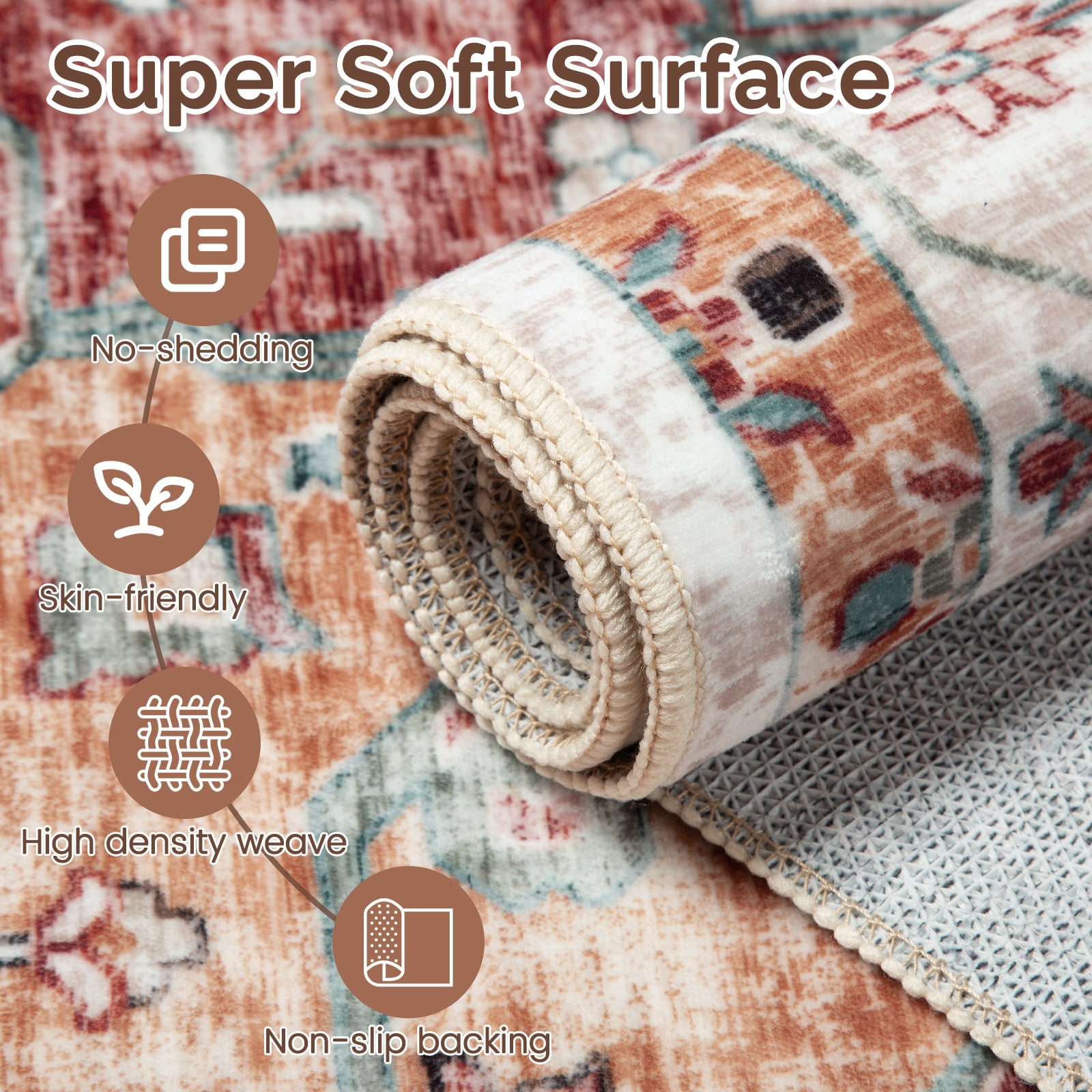 5'x7' Washable Area Rugs for Living Room,Traditional Vintage Thin Rugs,Non-Slip Persian Carpet,Orange-Brown