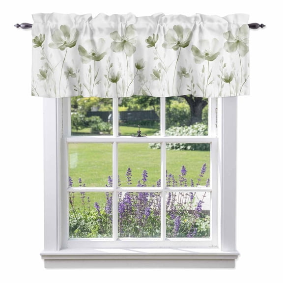 Sage Green Flowers Valance Curtains, Watercolor Plants Rod Pocket Short Window Curtain for Kitchen Bathroom Bedroom, 42"x18"