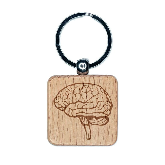 Human Brain with Cerebellum and Medulla Oblongata Square Keychain Charm Tag - Engraved Wood