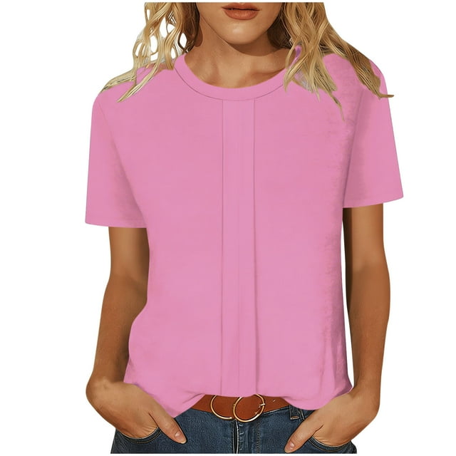 2026 Fashion Tops for Women Essential Short Sleeve Tees Solid Color Casual Outfits Loose Round Neck Clothing Soft Ribbed Texture Tops Versatile Daily Shirts Comfy Spring Pullover