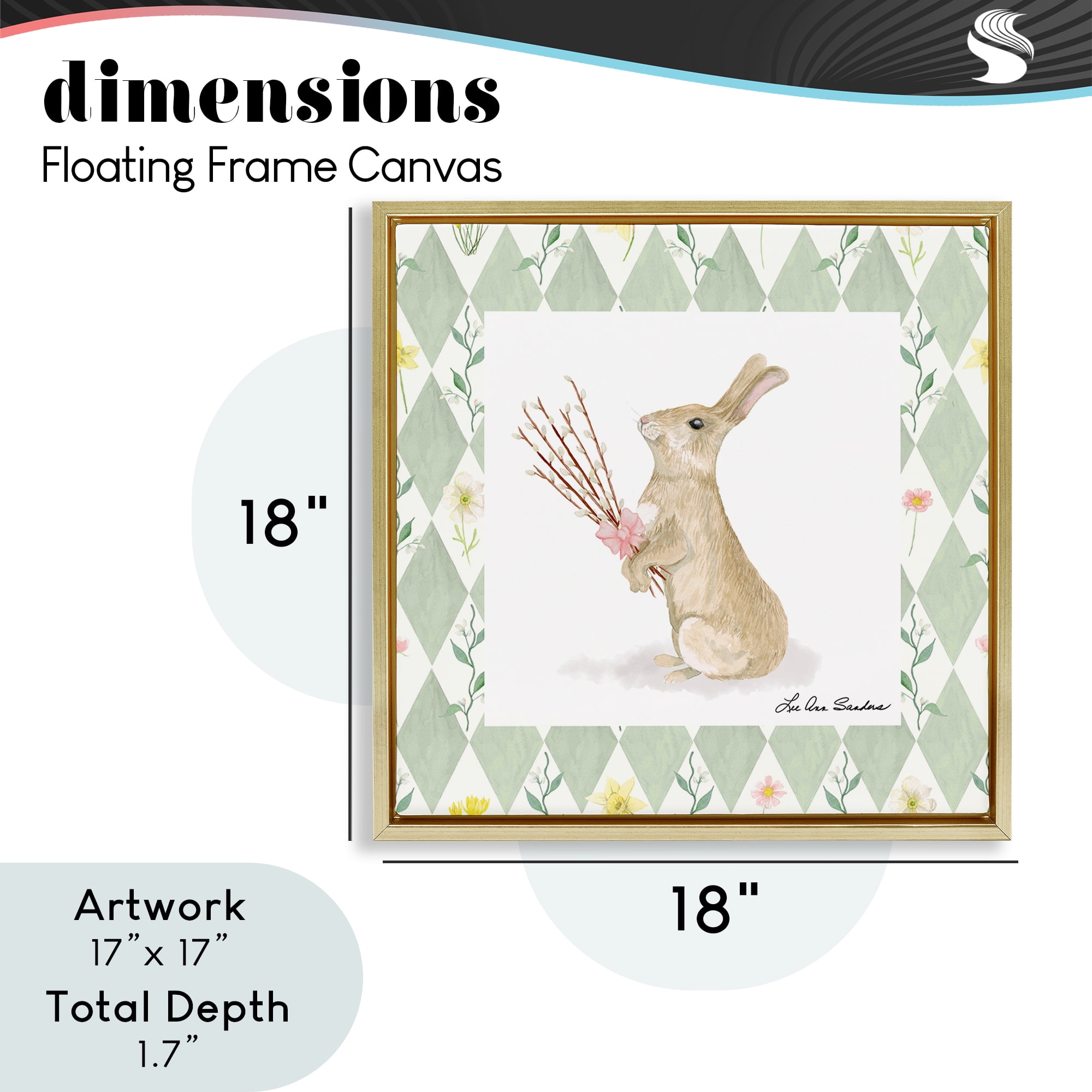Bouquet Bunny on Green Argyle Gold Framed Floater Canvas Wall Art, design by Lee Ann Sanders