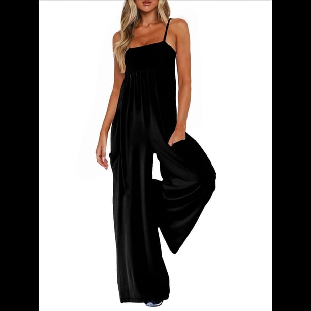 de Verano para Mujer, de una Pieza, con Tirantes Finos y Pierna , con Bolsillos Negro M