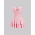 thumbnail image 3 of Womens Baby Pink Strapless Ruched Bust Double Layer Ruffle Mini Dress, 3 of 6