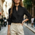 thumbnail image 5 of Enjoytime Shirts for Women Stand Collar V Neck Linen 3/4 Sleeve Tops Lightweight Business Casual Work Blouses, 5 of 7