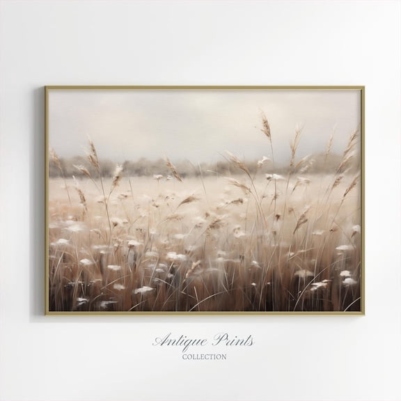 Muted Wildflower Field Print, Vintage Neutral Country Wall Art, Meadow Landscape, Antique Rustic Farmhouse Decor, Poster, Unframed Poster Size 8x12