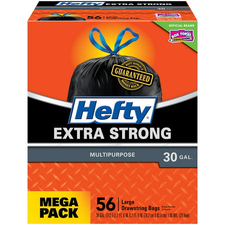 Hefty Strong Multipurpose Large Black Garbage Bags, 30 Gallon, 56 Count