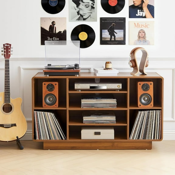 RARZOE Media Storage Cabinet, 5-Tier Audio Rack Stereo Cabinet, Large Record Player Stand with Vinyl Storage, Adjustable Shelves&Cable Management, Curved Vinyl Record Cabinet for Living Room