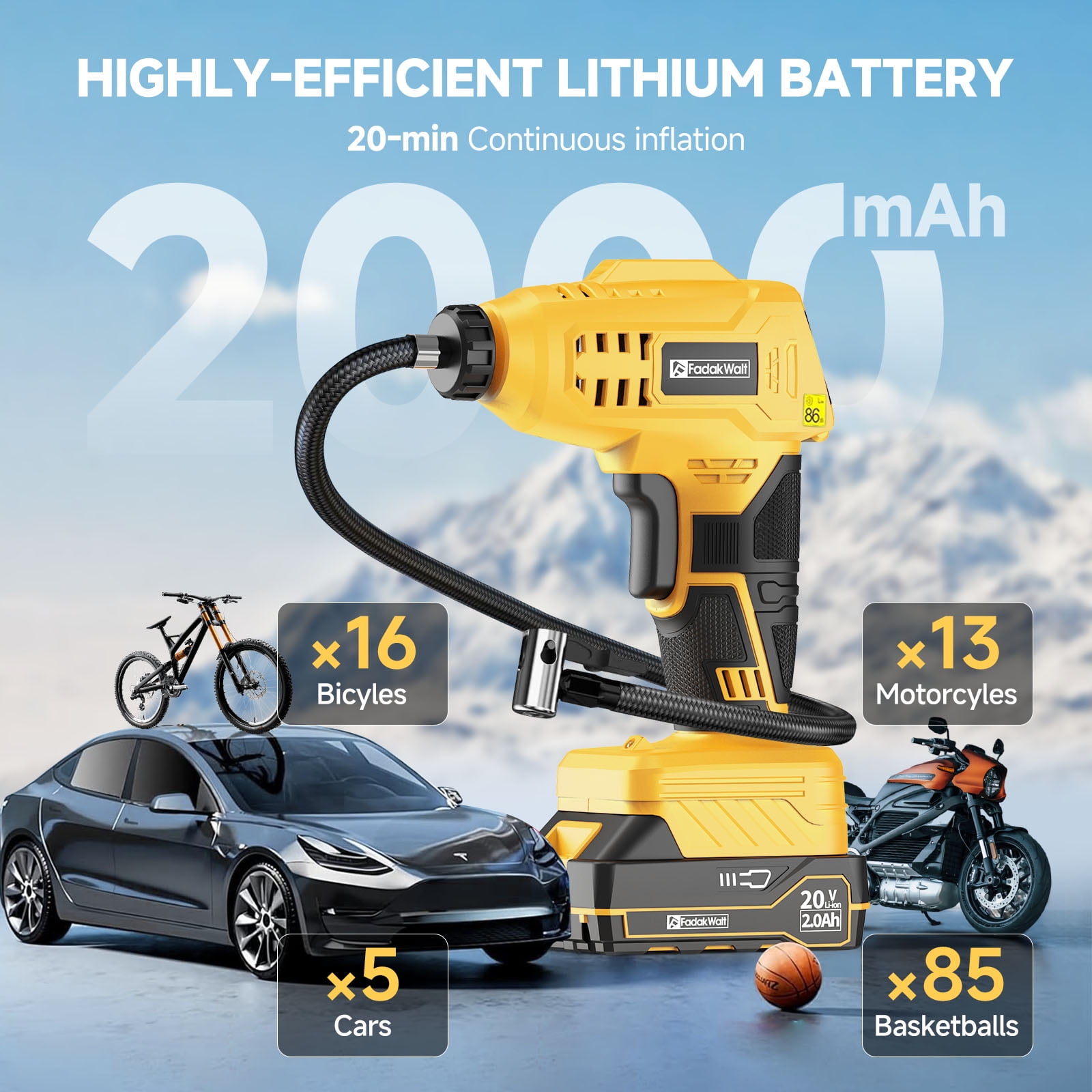 FADAKWALT Tire Inflator Portable Air Compressor, 20V Cordless Car Tire Pump, 160PSI Handheld Electric Air Pump with Rechargeable Battery, Auto Shutoff & Digital Gauge for Cars & Motorcycles(Yellow）