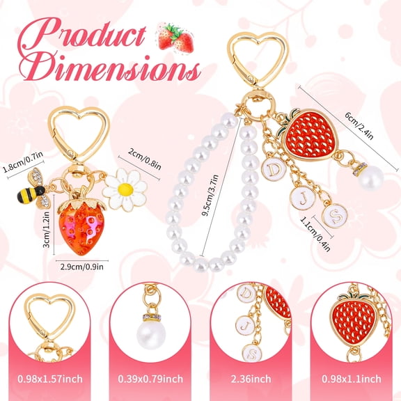 2PCS Strawberry Keychain Set - Kawaii Bag Charms with Heart Daisy Pearl, Cute Purse Accessories for Women Girls, Car Keychain Decor Gift