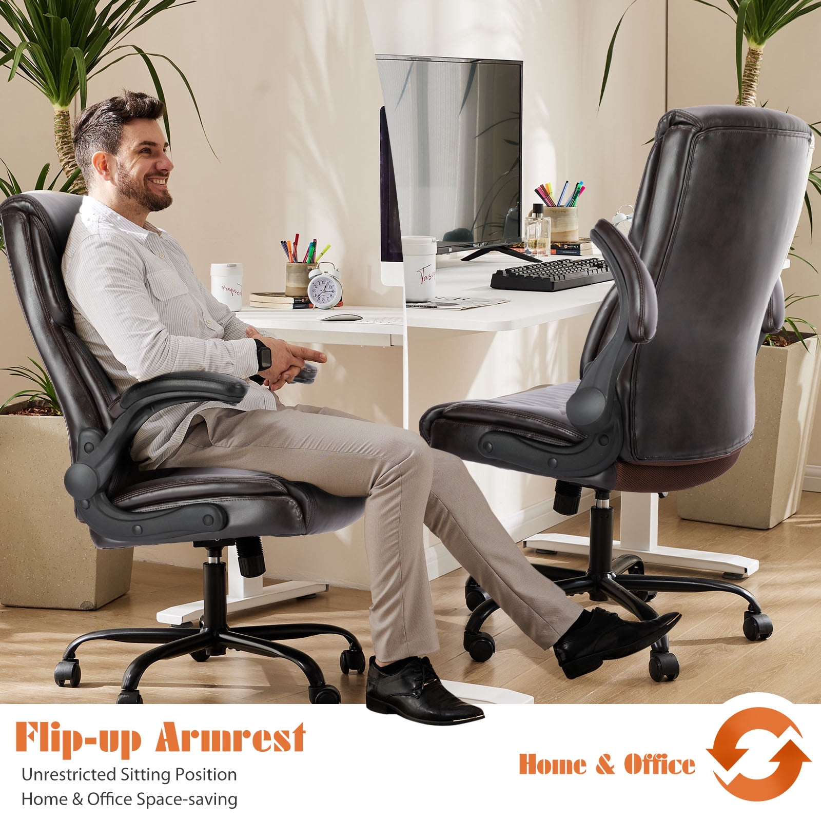 Yoyomax Office Chair, Ergonomic Executive Computer Desk Chairs with Adjustable Flip-up Armrest, Swivel Task Chair with Lumbar Support, Strong Metal Base, PU Leather