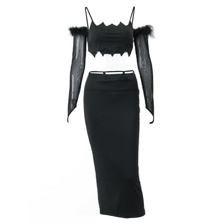 

Amuver Women Skirt Set Spaghetti Straps Irregular Camisole + High Waist Hollowed Long Skirt + Oversleeves