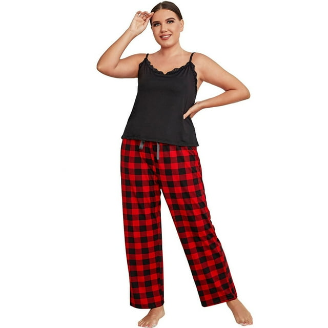 Plus Size Pajamas Lace Sleeveless Top Plaid Pants Female Sleepwear Sets