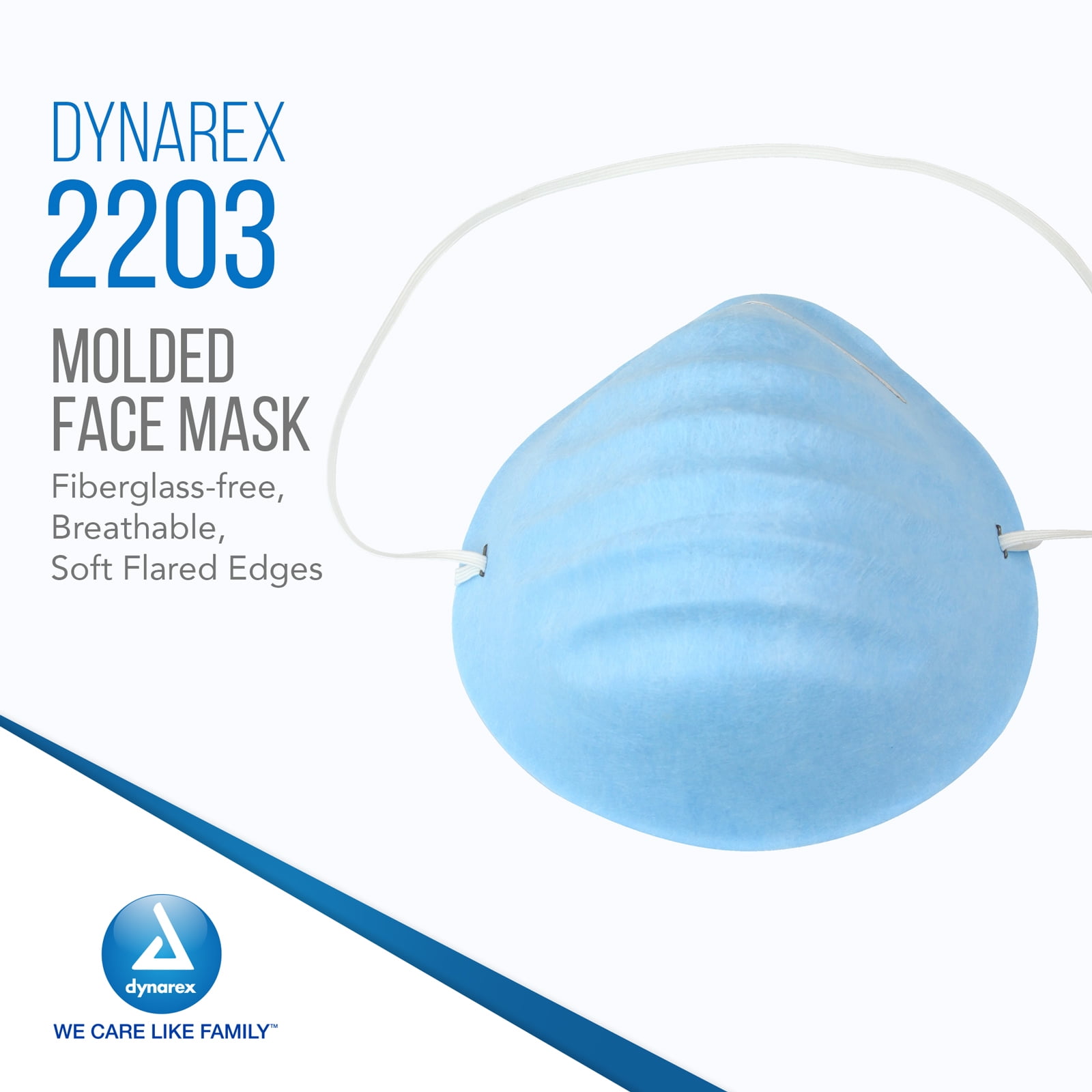 Dynarex Molded Face Mask, Fiberglass-free, Breathable, Soft Flared Edges, Fits Facial Contours, Covers Mouth and Nose, Adjustable, Blue, 1 Case of 1000 Face Masks
