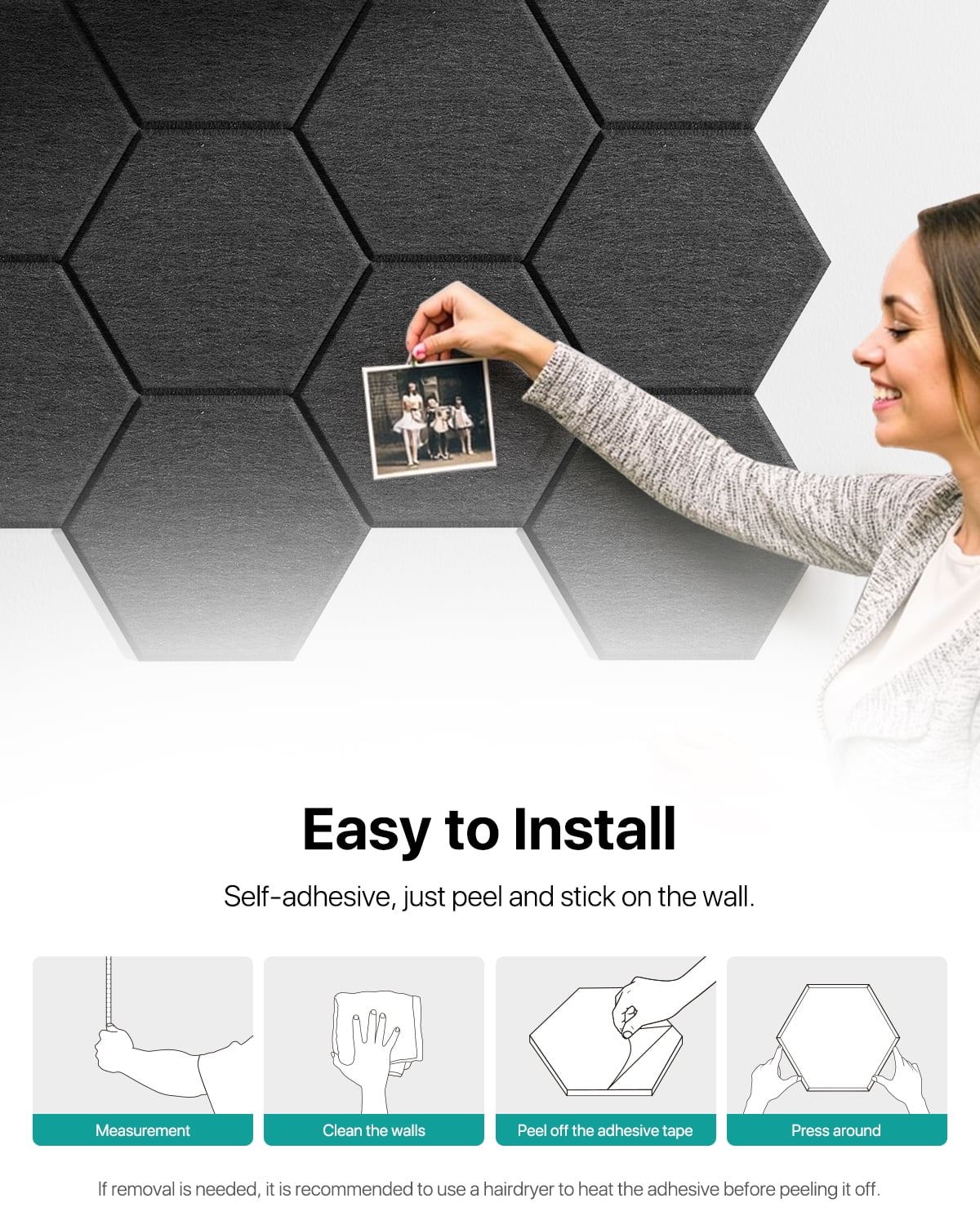 Soundsbay Acoustic Wall Panels Hexagon Self-Adhesive Soundproof Absorbing Noise Cancelling Wall Panels 12 Pack 12'' x 10'' x 0.4''