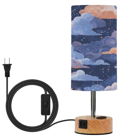 Touch Control Table Lamp with Wood Grain Metal Base 3 Color Temperature Adjustable LED Eye Caring Desk Lamp for Bedroom Study Beautiful Blue Clouds