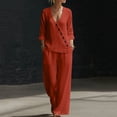 thumbnail image 2 of VBVC Women's Button 2 Piece Outfits Set,Long Sleeve Top and Wide Leg Pants For Women, Ladies' V-Neck Loungewear Tracksuit with Pockets,Red,S-2XL, 2 of 6