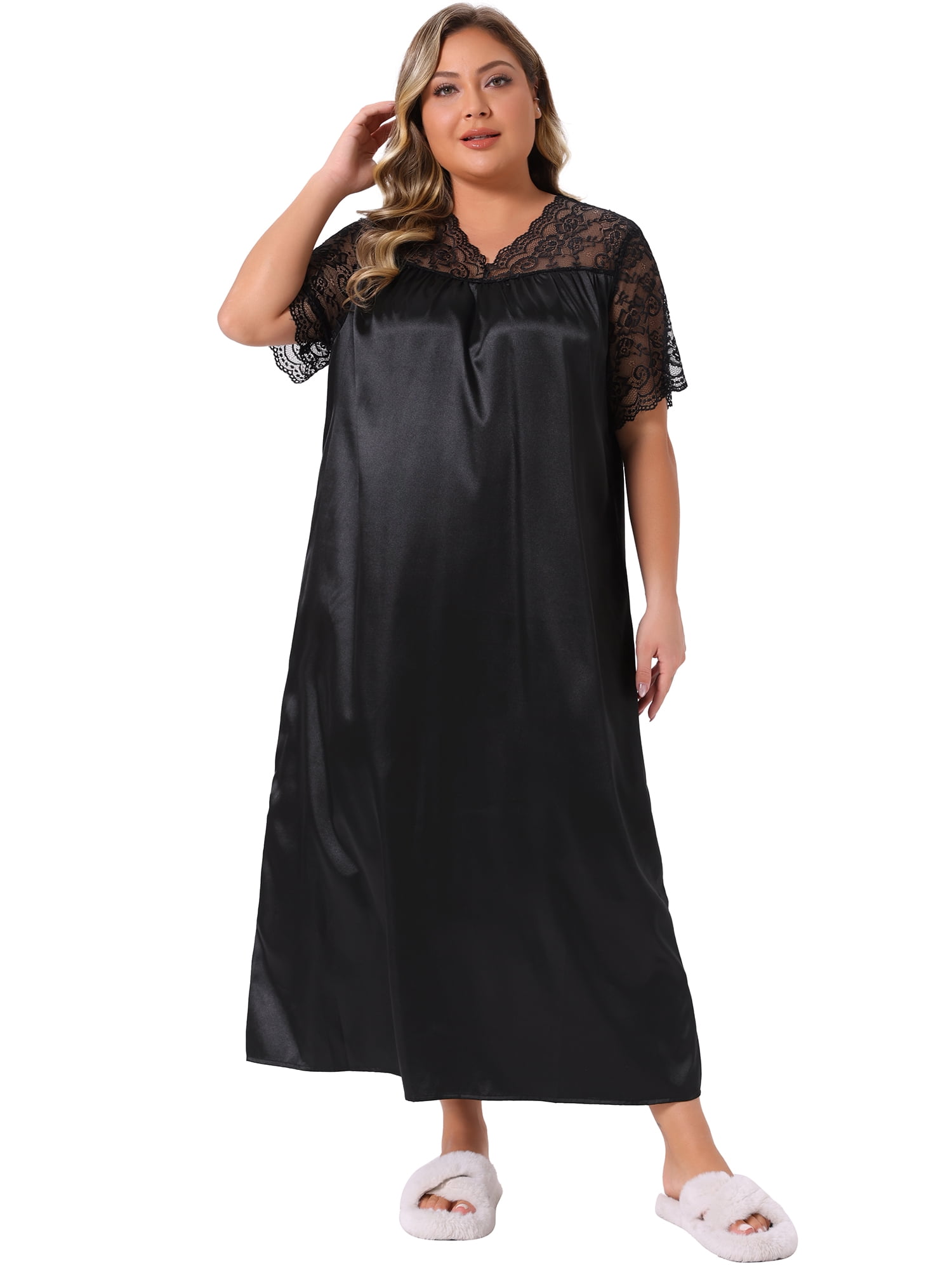 DARING DIVA Women's Plus Size Satin Short Sleeve Maxi  Nightgown 2X Black