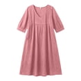 thumbnail image 6 of FDGIU Women's V Neck 3/4 Sleeve High Waist Gathered Pocket Loose Flowy Linen Midi Dress, Boho Beach Vacation Casual Home Lounge Swing Long Dresses, 6 of 6
