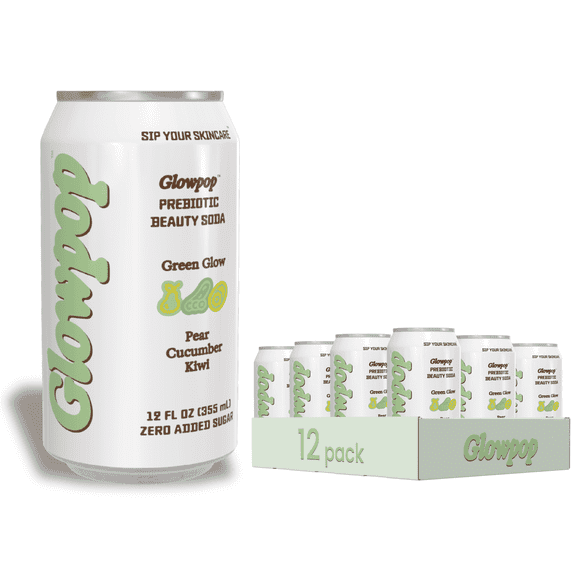 Glowpop Sparkling Prebiotic Beauty Soda, Green Glow (Pear Cucumber Kiwi), Supports Skin & Gut Health, 5g Prebiotic Fiber, Collagen-Building Peptides, Biotin, No Added Sugar, Vegan, made with Organic