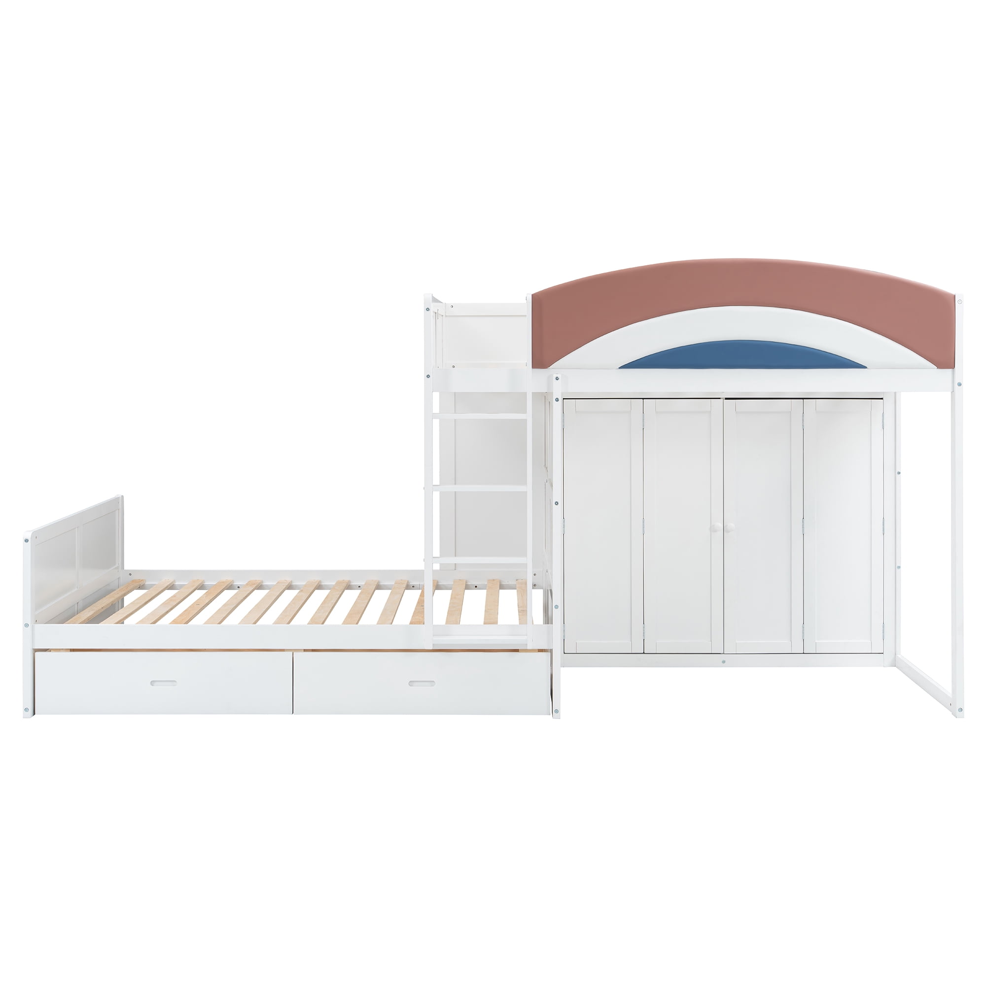 Mintazer Full Over Full Bunk Bed with Wardrobe & 2 Drawers, Modern Platform Bed with Rainbow Guardrail for Kids Bedroom, White