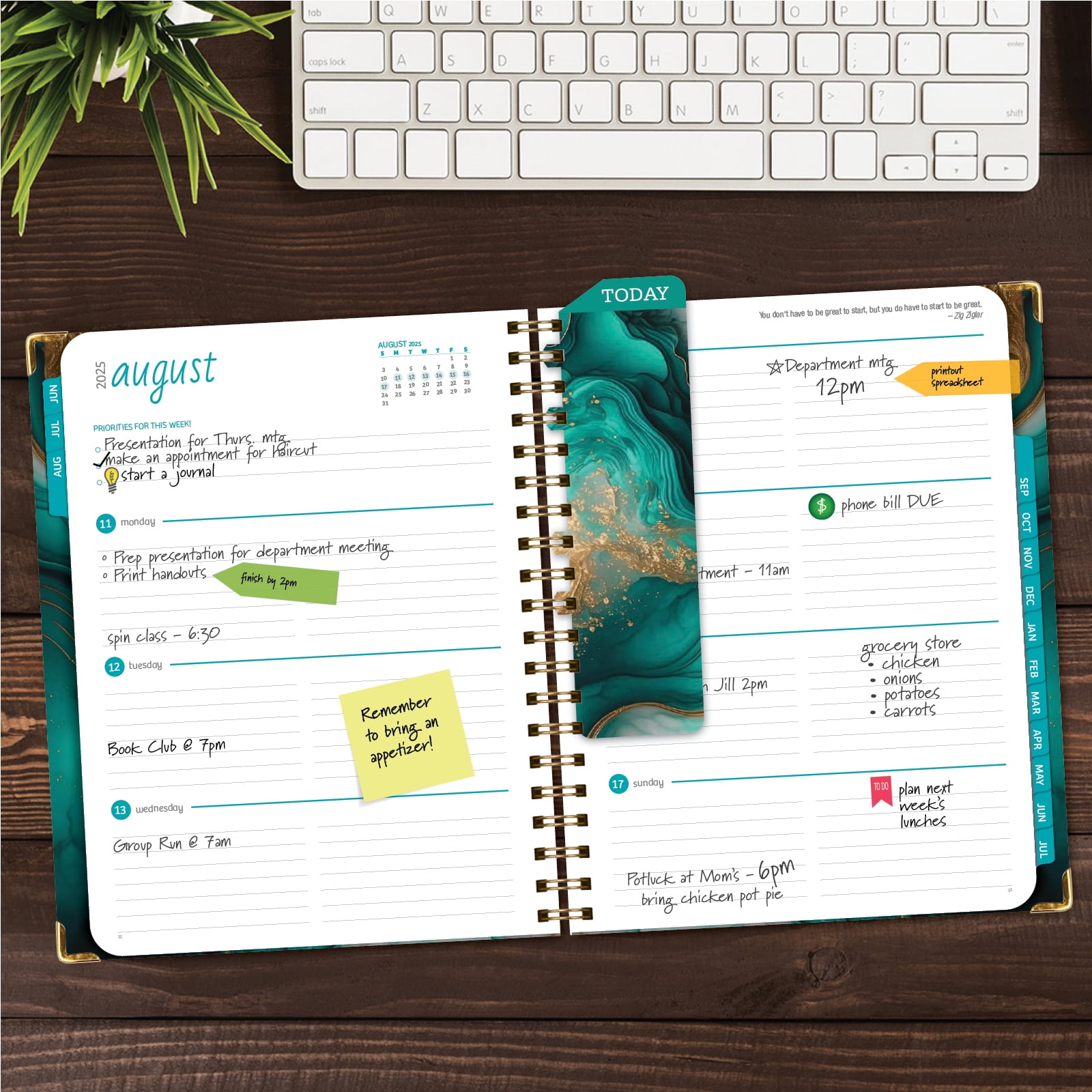 Academic Year 2025-2026 Planner, June 2025 - July 2026, 8.5"x11" Daily Weekly Monthly Planner Yearly Agenda, Hardcover, Bookmark, Pocket Folder and Sticky Note Set (Teal Gold Marble)