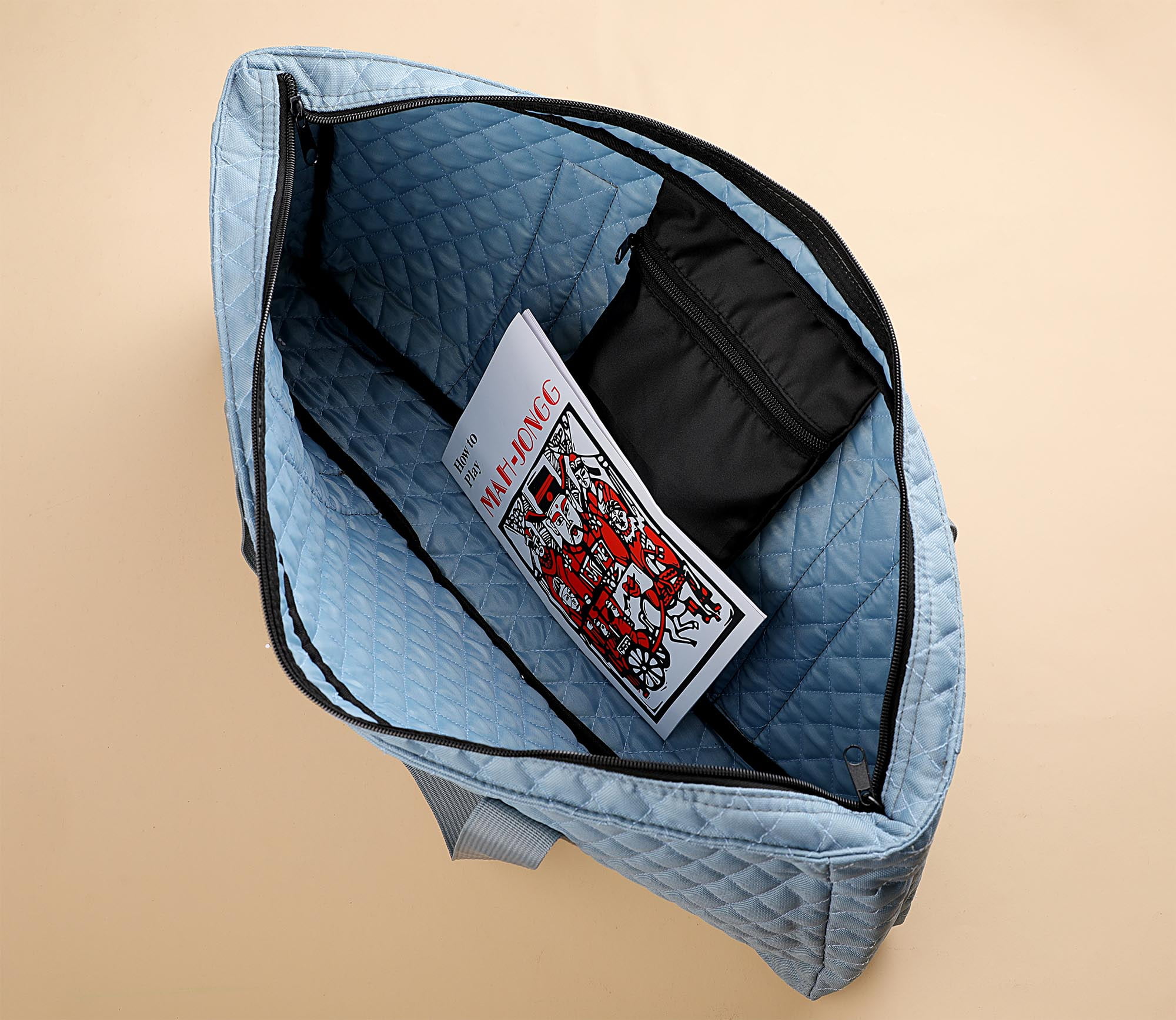 American Mahjong Set - Gray (Pigeon Blue) Quilted Soft Bag - 166 White Engraved Tiles, 4 All-in-One Rack/Pushers Western Mah Jongg Game Set
