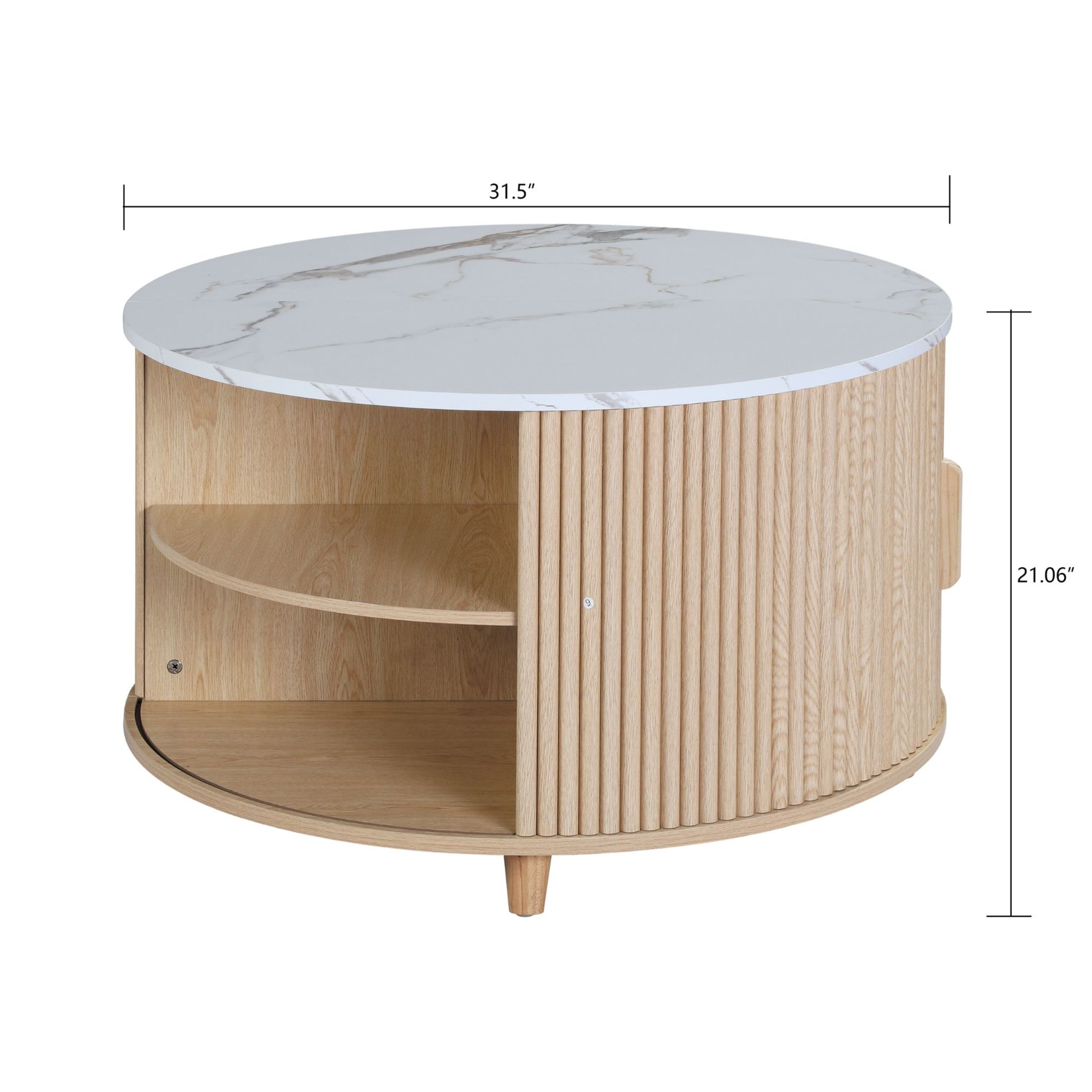 GDF Studio 31.5" Modern Round Fluted Coffee Table with Hidden Storage, White Marble+Light Oak
